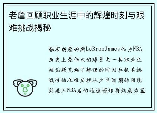 老詹回顾职业生涯中的辉煌时刻与艰难挑战揭秘