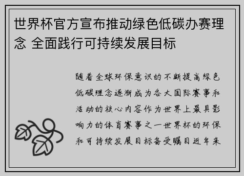 世界杯官方宣布推动绿色低碳办赛理念 全面践行可持续发展目标