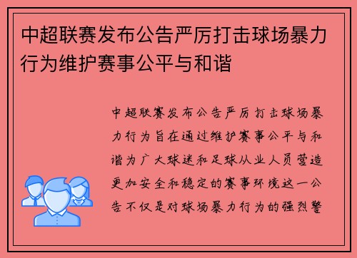 中超联赛发布公告严厉打击球场暴力行为维护赛事公平与和谐 中超联赛发布公告严厉打击球场暴力行为维护赛事公平与和谐