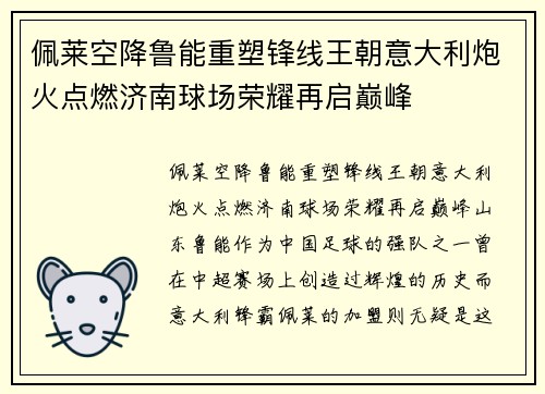 佩莱空降鲁能重塑锋线王朝意大利炮火点燃济南球场荣耀再启巅峰