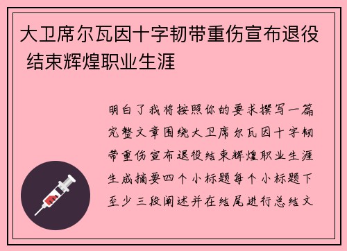 大卫席尔瓦因十字韧带重伤宣布退役 结束辉煌职业生涯