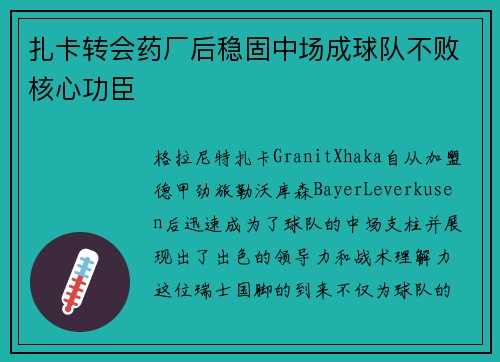 扎卡转会药厂后稳固中场成球队不败核心功臣